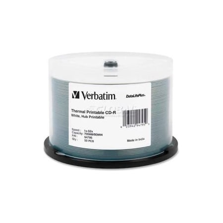 Verbatim Americas Verbatim CD-R Discs, 94795, 52X, 700MB/80Min, Thermal Printable, Spindle, 50/Pk, White 94795